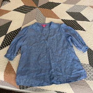 Lilly Pulitzer Mialeigh Elbow Sleeve Linen Top Blue V Neck